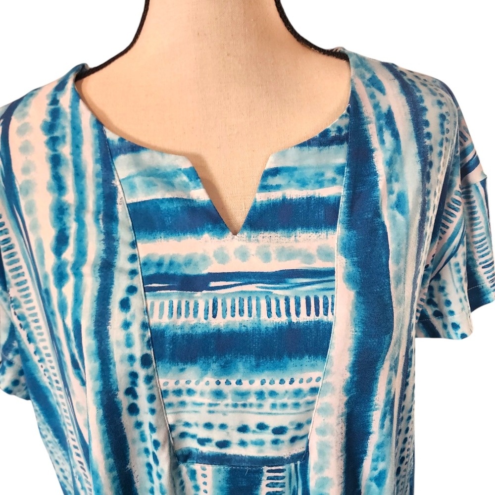 Stan Herman Tie Dye Tunic‎ Top V-Neck Short Sleeve Casual M Resort Poolside Aqua